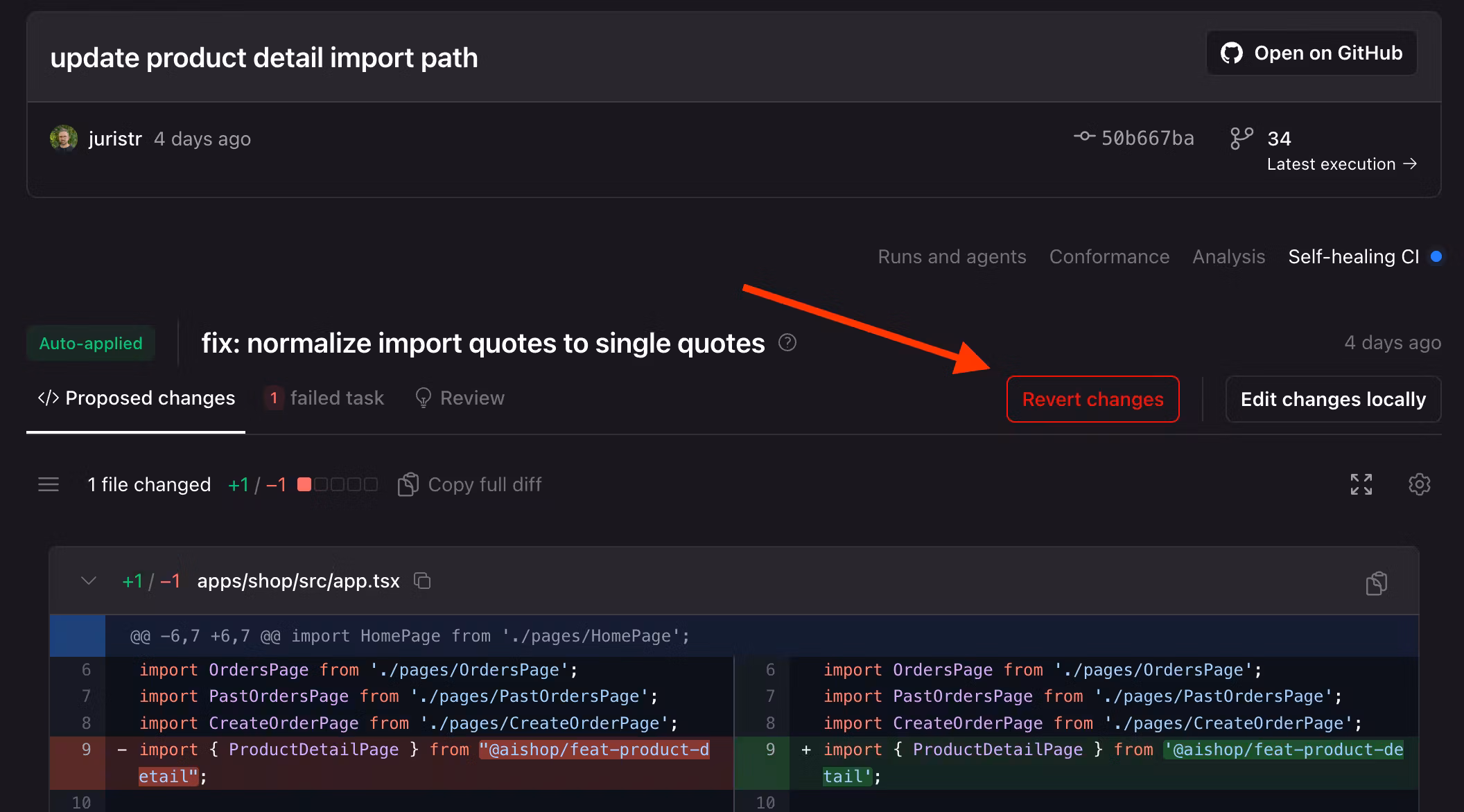 Nx Cloud Self-healing CI page showing the revert action